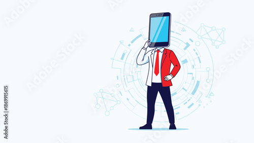 Surreal illustration of a man in a business suit whose head has been replaced by a large glowing smartphone screen to show tech addiction.