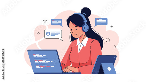 Professional woman wearing a headset and working on a laptop with coding lines and chat bubbles visible on the multiple screens.