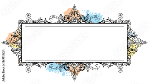 Highly detailed ornate vintage frame with intricate scrollwork and splashes of pastel watercolor paints on a clean white background.