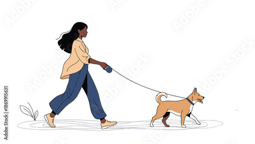 Woman of African descent walking a medium sized tan dog on a leash in an outdoor setting with minimal line art details for exercise.