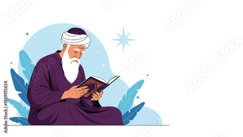 Wise elderly man with a long white beard and turban sitting peacefully while reading an open holy book in a quiet outdoor garden.