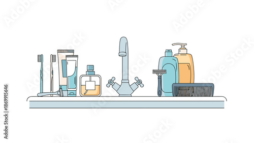 Daily hygiene routine items like toothbrushes, razors, and bottled soaps are arranged neatly around a bathroom faucet.
