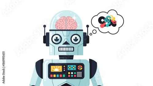 Robot character displays its pink brain through a glass dome while dreaming of colorful and chaotic abstract thoughts.