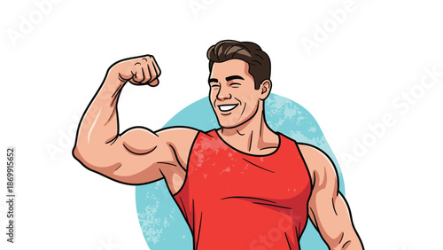 Muscular man in a red tank top smiling confidently while flexing his large bicep muscle in front of a blue circular background graphic.
