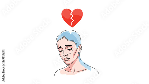 Sad young woman with blue hair cries while a red broken heart symbol floats directly above her head in the air.