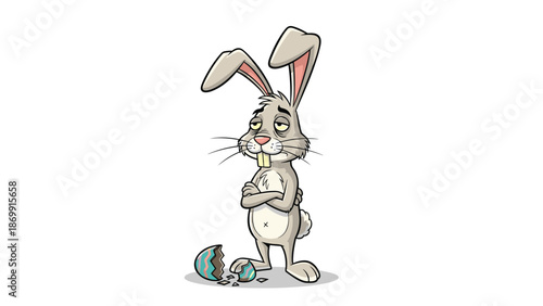 Grumpy grey rabbit stands in a disappointed pose with crossed arms beside a broken and decorated holiday egg shell.