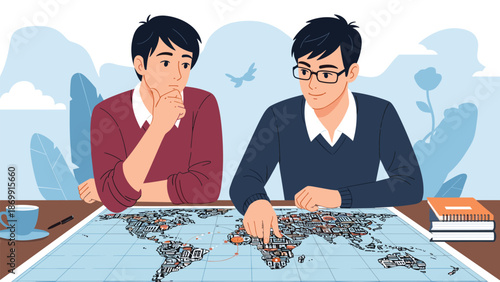 Two young men sit at a wooden desk while pointing at and studying a detailed world map to plan their next big journey.