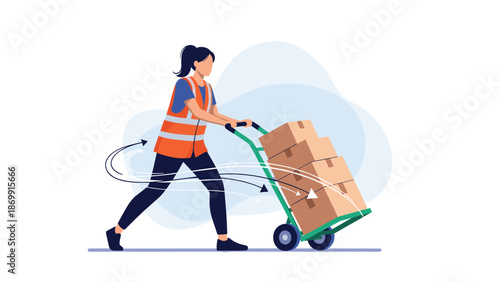 Delivery worker in an orange safety vest pushes a heavy green hand truck loaded with cardboard packages at high speed.