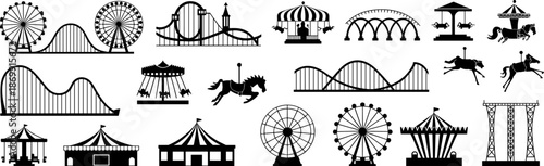 Amusement park amusement rides black silhouette collection with roller coaster ferris wheel carousel and carnival tent icons for entertainment theme park design