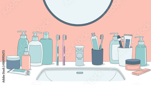 Bathroom vanity area displays an organized collection of skincare bottles, cosmetics, toothbrushes, and a round mirror.