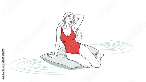 Beautiful woman wearing a red swimsuit relaxes comfortably on a floating pillow in the middle of calm rippling water.