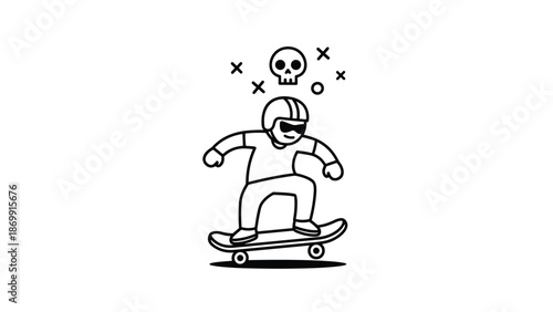 Skateboarder performs a trick while a skull and crossbones icon with small symbols floats above his protective helmet.