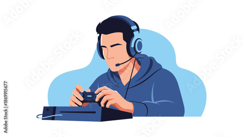 Professional gamer wearing a headset focuses intently on his game while holding a controller over a black gaming console.