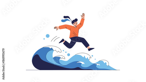 Energetic person wearing an orange shirt leaps high into the air over large blue ocean waves in a dynamic illustration.