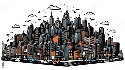 Busy urban landscape illustration depicts a dense cluster of city skyscrapers with cars on the street and flying birds.