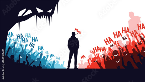 Silhouette of a man stands between two crowds of laughing people represented by blue and red shadows with text bubbles.