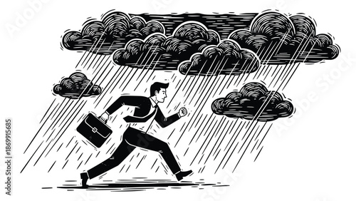 Businessman wearing a formal suit and carrying a briefcase runs through a heavy rainstorm under dark engraved clouds.
