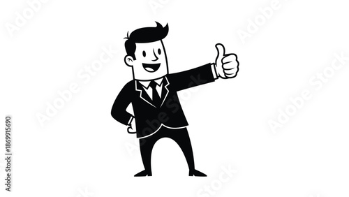 Friendly businessman in a black suit gives a cheerful thumbs up gesture to show success and a positive attitude.