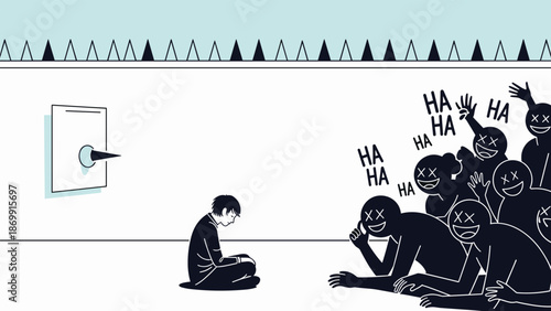 Sad person sits on the floor with head bowed while a crowd of dark figures laughs and points at them in a room.