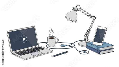 Organized home office desk workspace with a laptop, a steaming cup of coffee, a desk lamp, stacked books, and a smartphone.