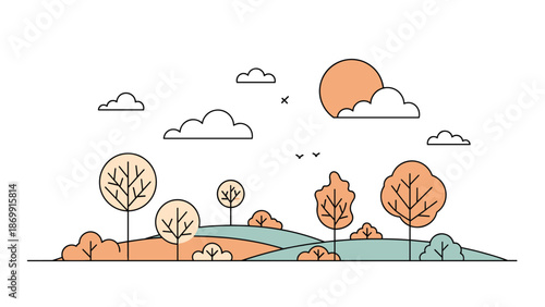 Peaceful flat landscape illustration of rolling green and orange hills with stylized trees under a warm sun and clouds.