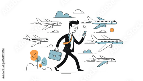 Busy businessman with a briefcase walking and using his smartphone while several airplanes fly in the sky above.