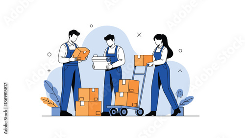 Team of three delivery and logistics workers in blue uniforms working together to organize cardboard boxes using a hand truck.