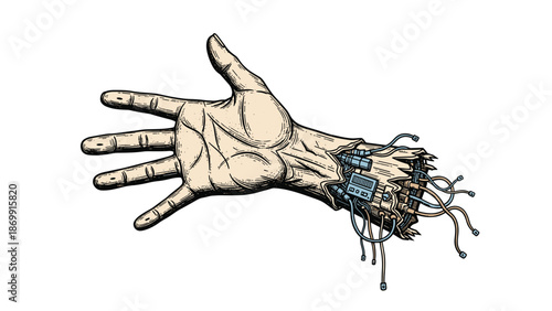 Highly detailed drawing of a human hand with exposed mechanical parts, circuits, and wires emerging from the severed wrist.