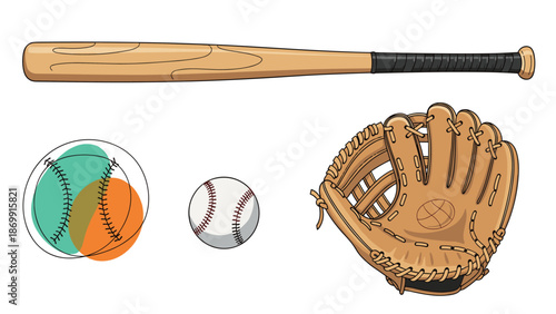 Complete set of classic baseball sports equipment including a wooden bat, two baseballs, and a leather catcher glove.