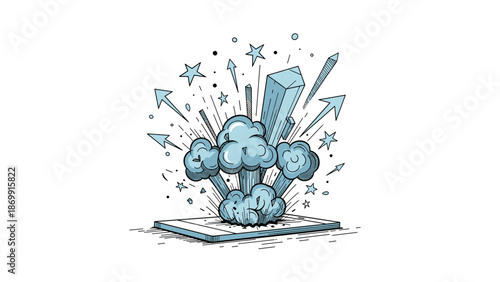 Dramatic illustration of a tablet or smartphone exploding into clouds of smoke, sharp crystals, stars, and upward arrows.