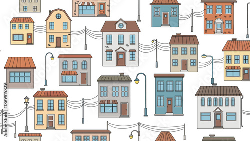 Charming seamless pattern of various colorful suburban houses, street lamps, and connecting electrical wires on a white background.