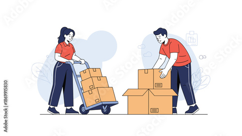 Efficient delivery team with a man opening a large cardboard box while a woman moves a stack of boxes on a hand truck.