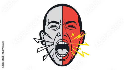 Intense illustration of a man's face split into two shouting halves, one grey and one red, with lightning bolts representing anger.