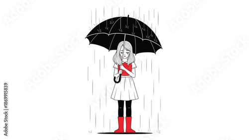 Sad young girl standing alone under a large black umbrella while it rains heavily on a plain white background.