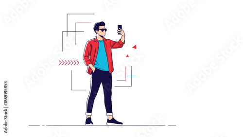 Confident young man in a casual red shirt and sunglasses poses for a selfie using his smartphone against a minimal background.