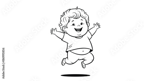 Cheerful black and white illustration of a happy baby with curly hair jumping for joy with open arms and a wide smile.