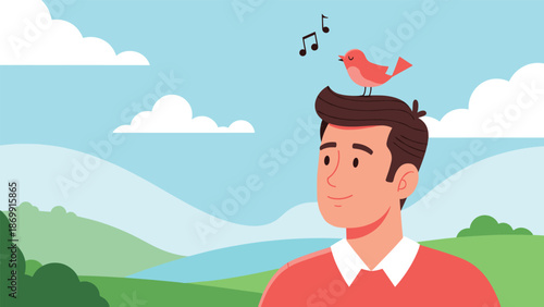 Peaceful man in a red sweater standing in a green landscape with a small red bird singing while perched on his head.