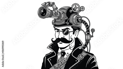 Detailed black and white steampunk illustration of a man with a mechanical camera lens on his forehead and complex gears on his metal helmet.