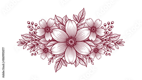 Beautiful vintage style floral arrangement featuring a large blooming central flower surrounded by delicate buds and leaves in a rich maroon color.