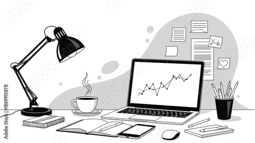 Modern minimalist workspace setup featuring a laptop with a data chart, a steaming cup of coffee, a desk lamp, and various office supplies on a desk.
