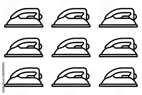 Collection of 9 Smoothing Iron Line Icons, Black and White Vector Set for Laundry and Housekeeping Services