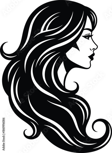 Elegant Woman Profile with Flowing Wavy Hair Silhouette