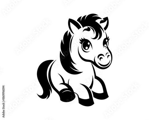 Cute baby pony illustration sitting on white background. Minimalist black and white horse character design with large eyes for children's greeting cards, stickers, and kawaii animal decor.