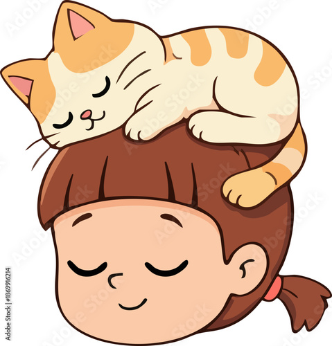 A peaceful cartoon illustration of a sleeping cat curled up on top of a child’s head, creating a warm and comforting moment.