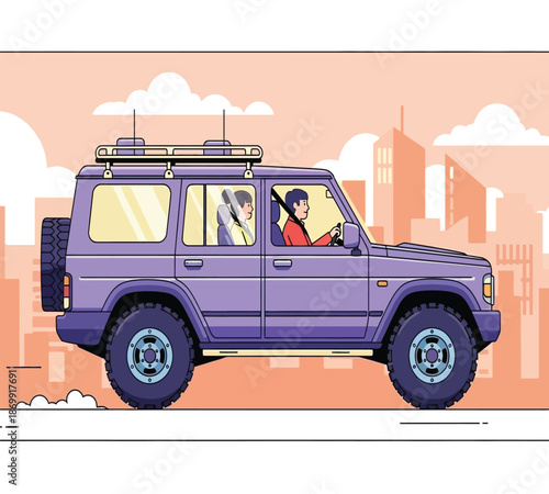 A lilac suv with a roof rack is driving through a city showcasing a modern and vibrant aesthetic