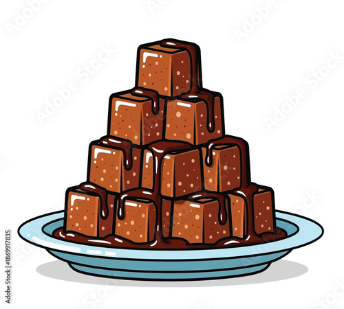 a delightful stack of chocolate squares drizzled with rich dark chocolate sauce presented on a blue plate