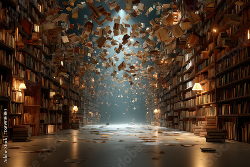 Open books hover between shelves in the library