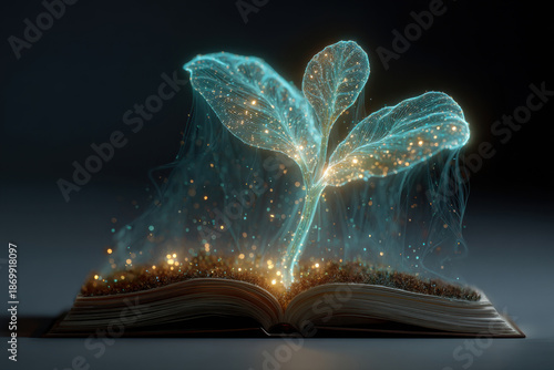 A digital sprout with glowing particles on an open book. Concept of sustainable development