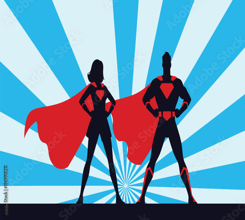 A striking illustration showcases a male and female superhero silhouette boldly standing with capes against a vibrant burst background