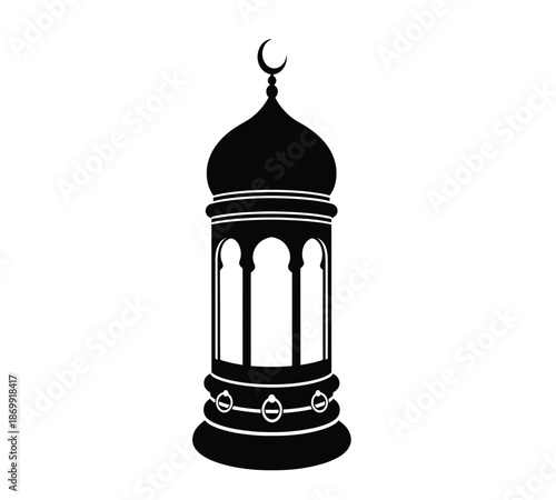 A striking black silhouette of an ornate islamic lantern with a crescent moon finial beautifully detailed